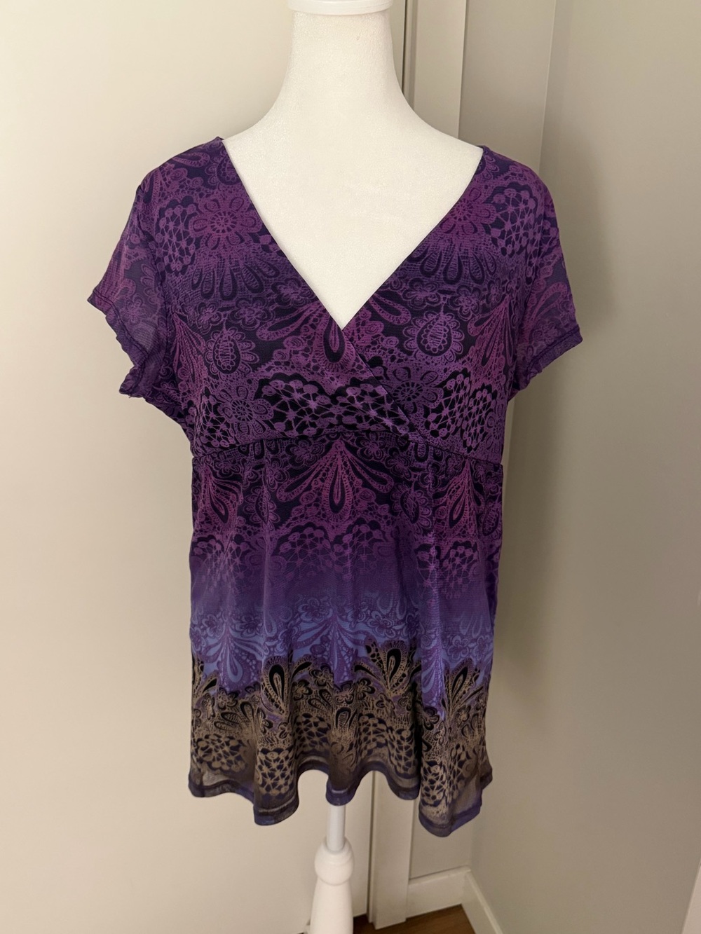 Y2K Purple Ombre Paisley Short Sleeve Wrap Blouse Lizwear